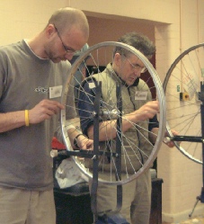 Students truing wheels